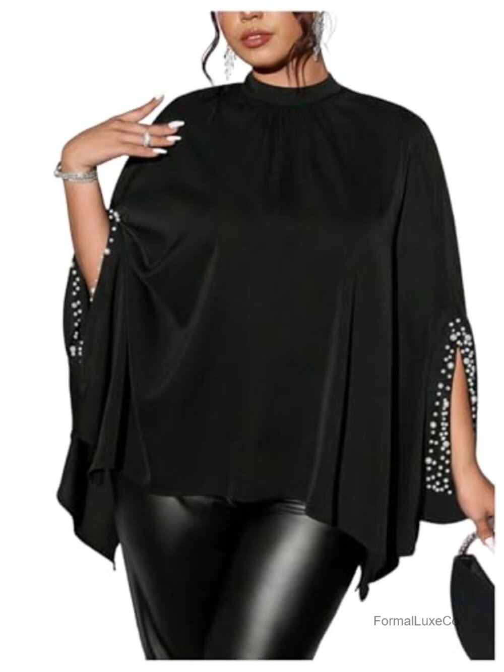 Plus Size Pearl Poncho Top Sparkly Glitter Party Blouse Mock Neck Cloak Sleeve